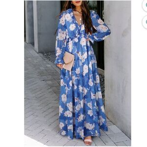 Casual Floral Deep V Neck Long Sleeve Long Evening bohemian Cocktail dress